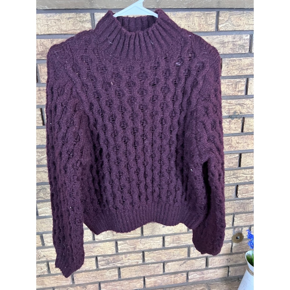 Cozy Knit Sweater Mock Neck Textured Pullover Plum Purple Boxy Fit